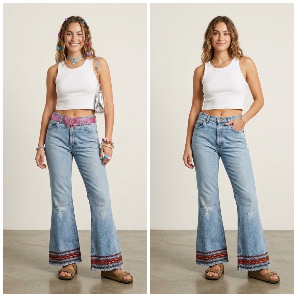 VNTG Levi's orange tab boot cut blue flare jeans embroidered  distress jeans‎ 33